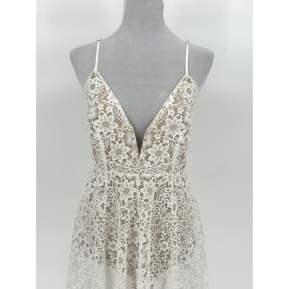 For‎ Love and Lemons White Lace Midi Dress Deep V Neck Size M Sheer Fairy Bride - Picture 2 of 16